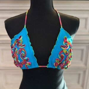 Xhilaration Blue With Multicolored Ribbons Bikini Top - Size Medium